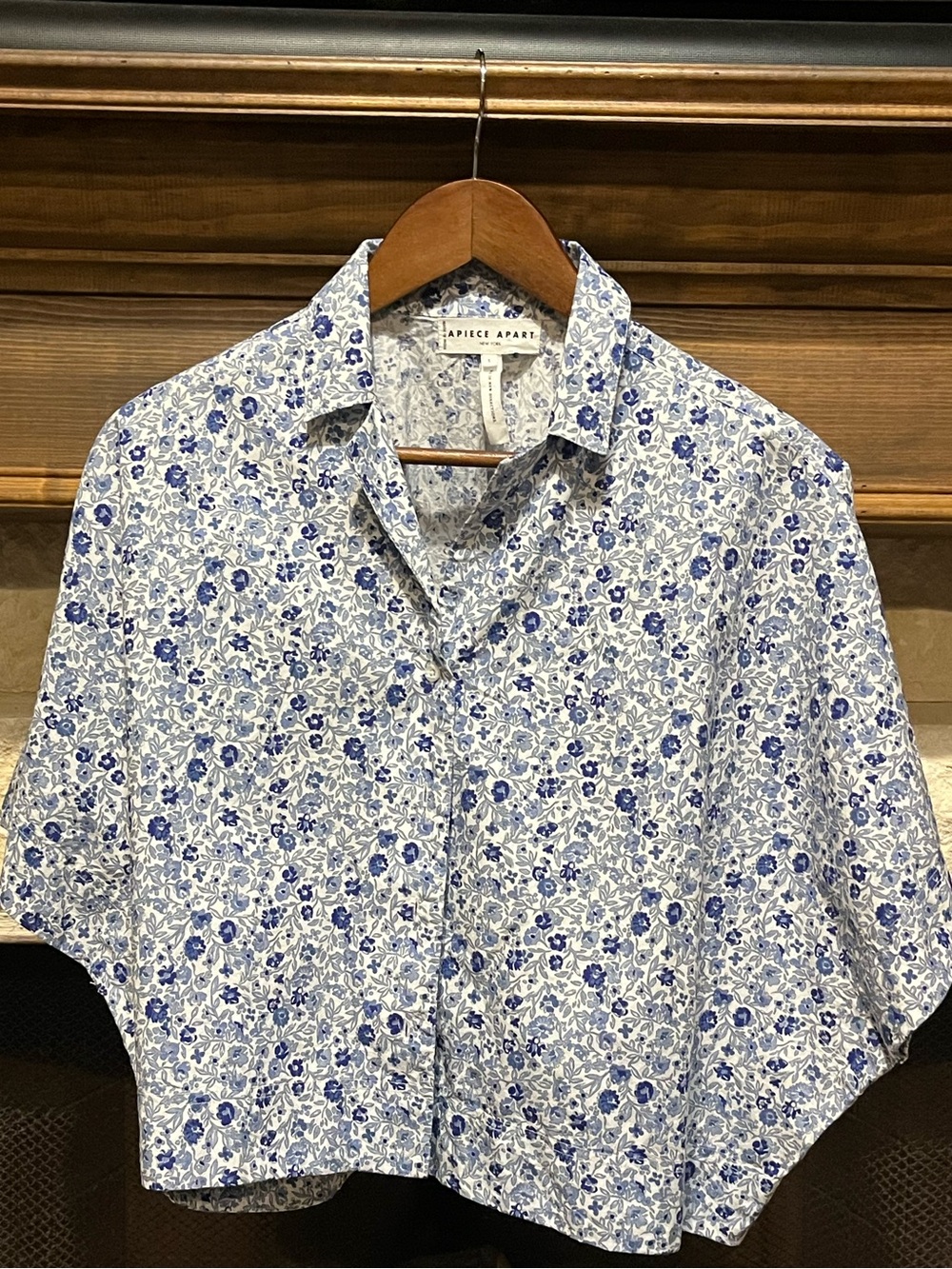 Apiece Apart Serra Blue Floral Cropped Short Sleeve Organic Cotton Top